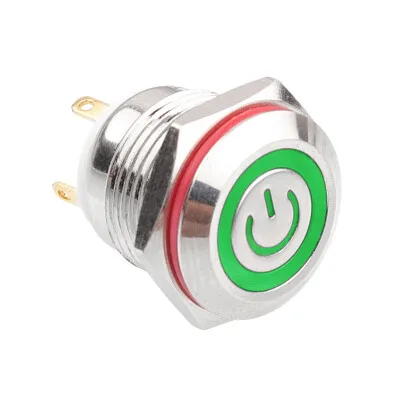 WD16H-P1-EC 16mm Düz Yaylı Işıklı Power Metal Buton - Yeşil