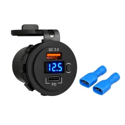DS2013-P21 12-24V PD3.0 Type-C + QC3.0 USB Şarj Soketi - Anahtarlı ve Voltmetreli