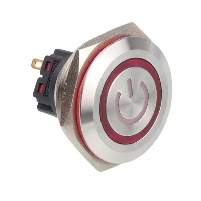 WD28B-P1-EC 28mm Düz Yaylı Işıklı Power Metal Buton - Kırmızı
