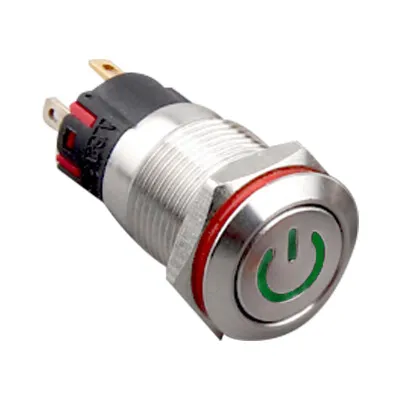 WD12A-P1Z-C 12mm Düz Anahtarlı Işıklı Power Metal Buton - Yeşil