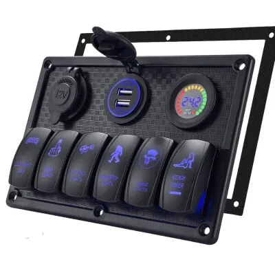6'lı ON-OFF Mavi Işıklı Anahtar Switch Panel 2x5V USB Çakmaklık ve Voltaj Göstergeli
