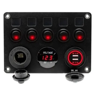 5'li ON-OFF Kırmızı Nokta Işıklı Anahtar Switch Panel 2x5V USB Çakmaklık ve Voltaj Göstergeli