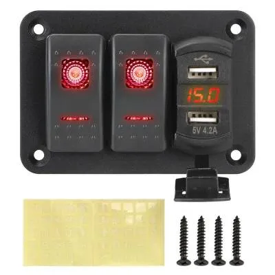 2'li ON-OFF Işıklı Anahtar Switch Panel 2x5V USB ve Voltaj Göstergeli