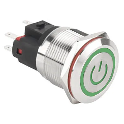 WD22E-P1-EC 22mm Düz Yaylı Işıklı Power Metal Buton - Yeşil