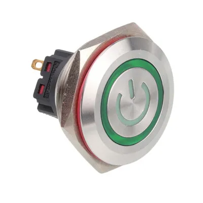 WD28B-P1Z-EC 28mm Düz Anahtarlı Işıklı Power Metal Buton - Yeşil