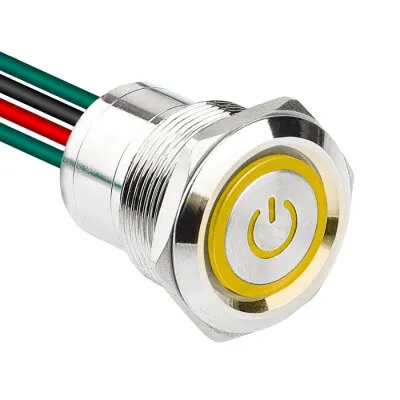 WD22D1-P2-EC 22mm Düz Yaylı Işıklı Power Kablolu Metal Buton - Sarı