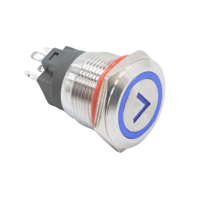 WD19A-P1-ET 19mm Düz Yaylı Işıklı Ok İşaretli Metal Buton - Mavi
