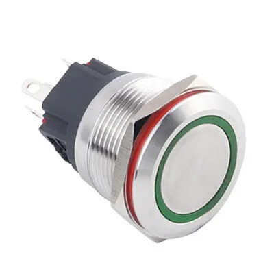 WD22B-P1-E 22mm Düz Yaylı Işıklı Metal Buton - Yeşil