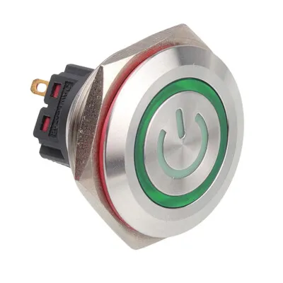 WD30B-P1-EC 30mm Düz Yaylı Işıklı Power Metal Buton - Yeşil