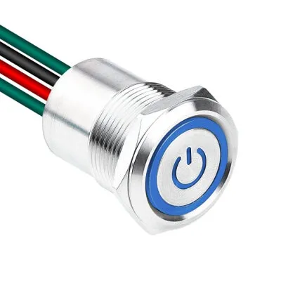 WD19D1-P2-EC 19mm Düz Yaylı Işıklı Power Kablolu Metal Buton - Mavi