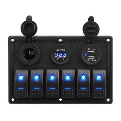 6'lı ON-OFF Işıklı Anahtar Switch Panel 2x5V USB Çakmaklık ve Voltaj Göstergeli