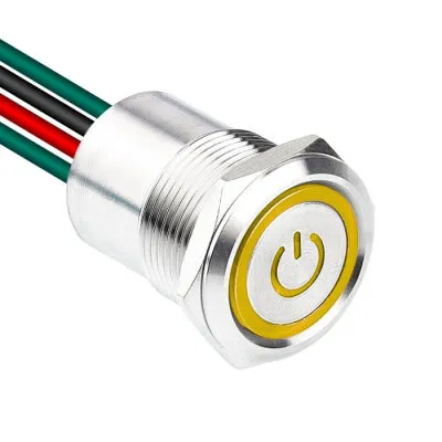 WD19D1-P2Z-EC 19mm Düz Anahtarlı Işıklı Power Kablolu Metal Buton - Sarı