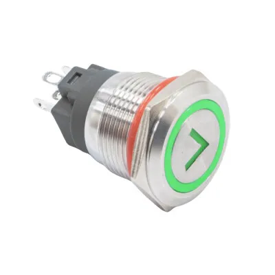 WD19A-P1-ET 19mm Düz Yaylı Işıklı Ok İşaretli Metal Buton - Yeşil