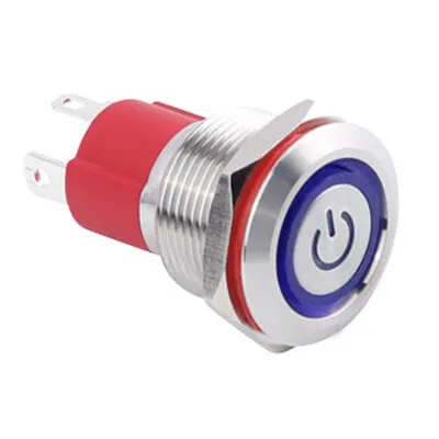 WD19D-P1-EC 19mm Düz Yaylı Işıklı Power Metal Buton - Mavi