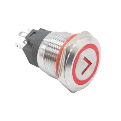 WD19A-P1-ET 19mm Düz Yaylı Işıklı Ok İşaretli Metal Buton - Kırmızı