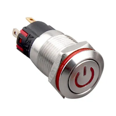 WD12A-P1Z-C 12mm Düz Anahtarlı Işıklı Power Metal Buton - Kırmızı
