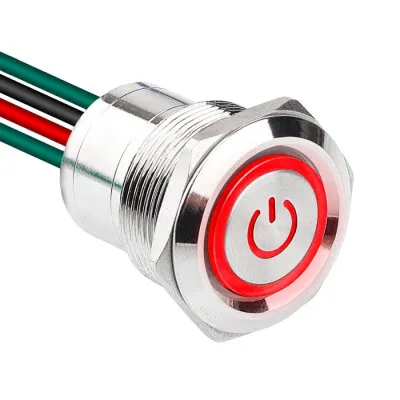 WD22D1-P2-EC 22mm Düz Yaylı Işıklı Power Kablolu Metal Buton - Kırmızı