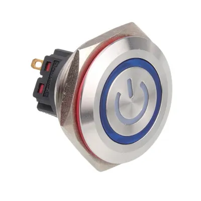 WD28B-P1-EC 28mm Düz Yaylı Işıklı Power Metal Buton - Mavi