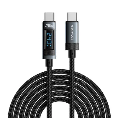 240W Type-C To Type-C Dijital Ekranlı Örgülü Hızlı Şarj ve Data Kablosu - 2 Metre