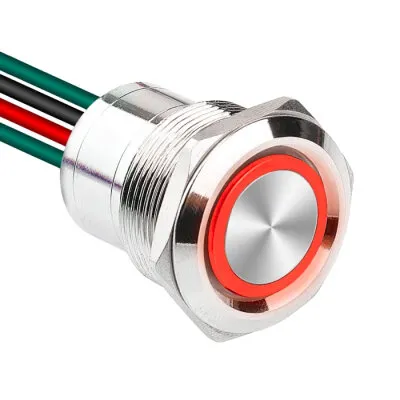 WD22D1-P2-E 22mm Düz Yaylı Işıklı Kablolu Metal Buton - Kırmızı