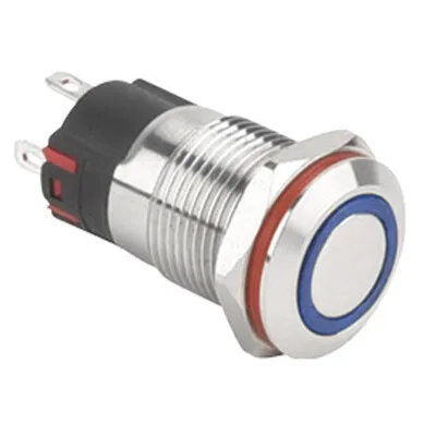 WD12A-P1-E 12mm Düz Yaylı Işıklı Metal Buton - Mavi