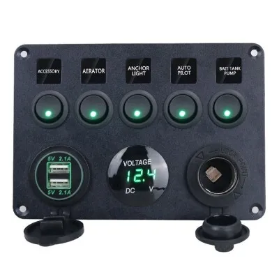 5'li ON-OFF Yeşil Nokta Işıklı Anahtar Switch Panel 2x5V USB Çakmaklık ve Voltaj Göstergeli