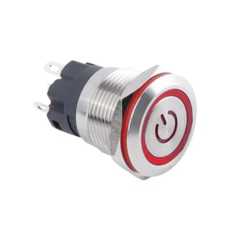 19A-P1Z-E Düz Anahtarlı Işıklı Metal Buton 19mm - Kırmızı