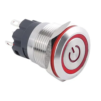 WD19A-P1-EC 19mm Düz Yaylı Işıklı Power Metal Buton - Kırmızı