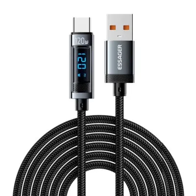 120W USB To Type-C Dijital Ekranlı Örgülü Hızlı Şarj ve Data Kablosu - 2 Metre