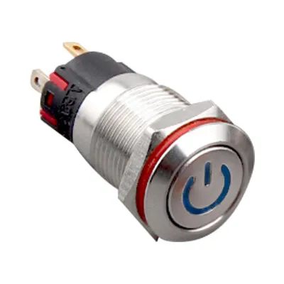 WD12A-P1Z-C 12mm Düz Anahtarlı Işıklı Power Metal Buton - Mavi
