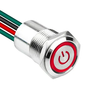 WD16D1-P2Z-EC 16mm Düz Anahtarlı Işıklı Power Kablolu Metal Buton - Kırmızı