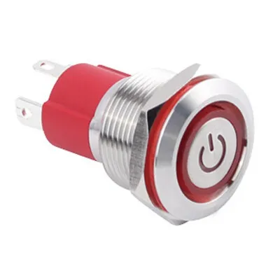 WD19D-P1-EC 19mm Düz Yaylı Işıklı Power Metal Buton - Kırmızı