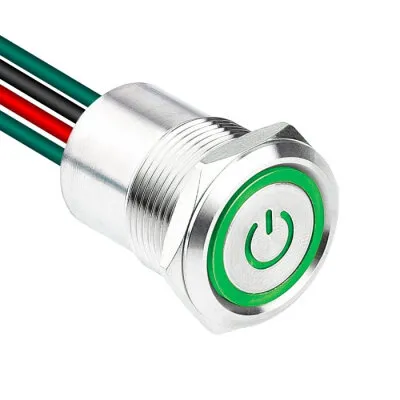 WD19D1-P2Z-EC 19mm Düz Anahtarlı Işıklı Power Kablolu Metal Buton - Yeşil